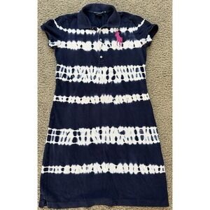 RALPH LAUREN SPORT Navy Blue Big Pony Polo Tie Dye Short Sleeve Dress Sz Medium